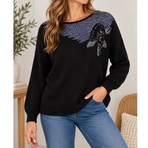 Vintage Diversity Black Silk Angora Beaded Sequin Floral Sweater Small Glam